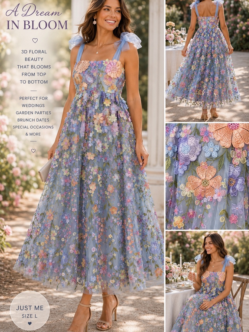 Just Me Light Blue Floral Embroidered Dress